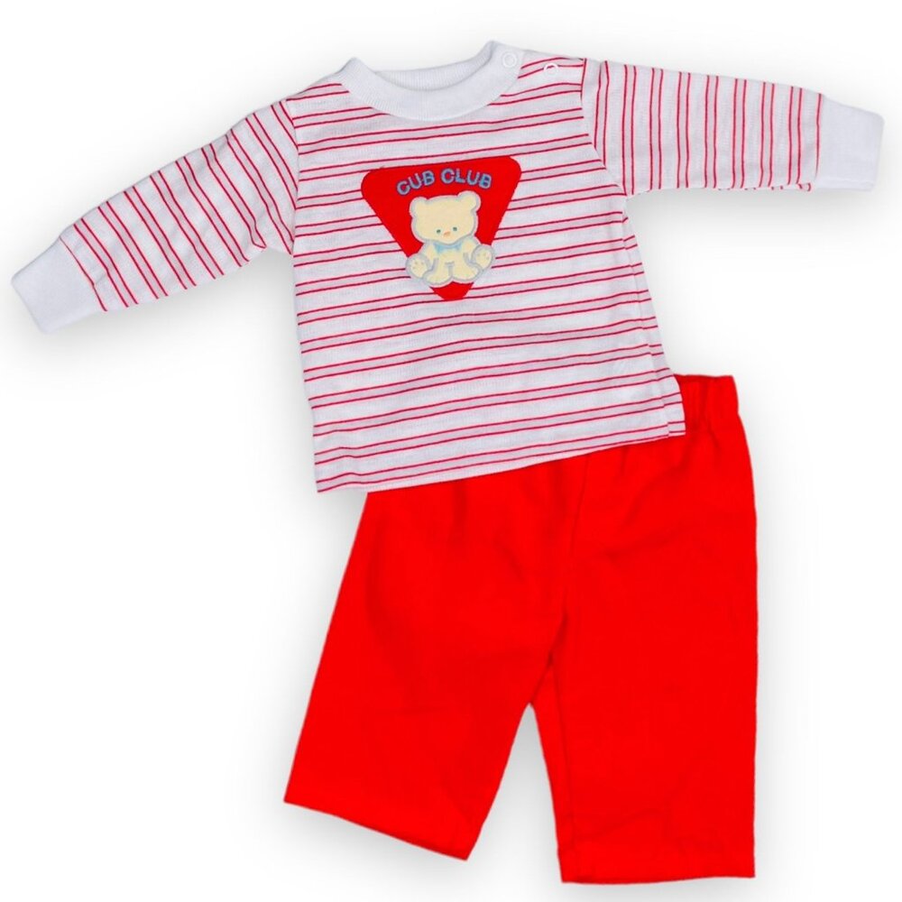 NWT NOS Vintage Baby Boys Red Teddy Bear Long Sleeve + Pants Outfit Set 3-6m